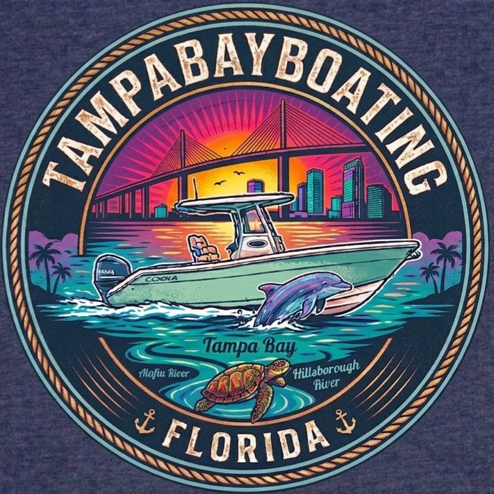 Tampa Bay Boating circular badge with a boat and the Sunshine Skyway Bridge